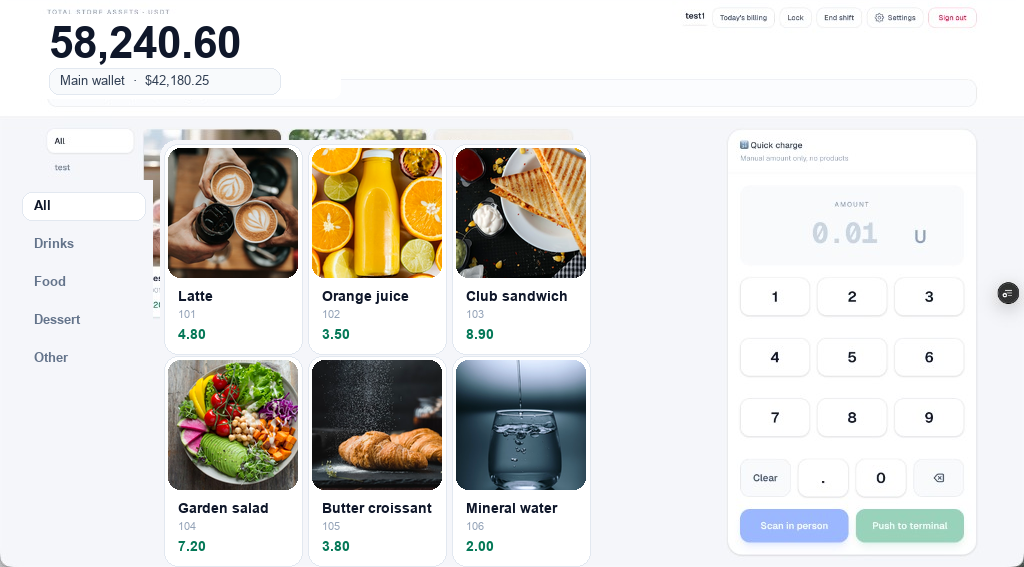 NoxPos POS home — product grid with live store balance